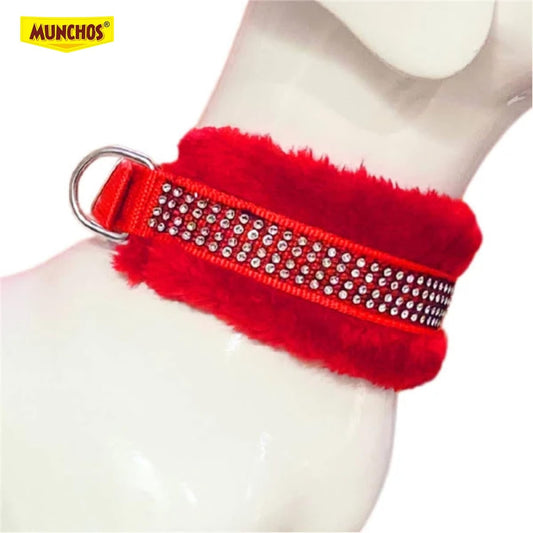 MUNCHOS Luxurious Soft Fur Dog Collar with Sparkling Studs – Comfortable, Color May Vary ( Medium )