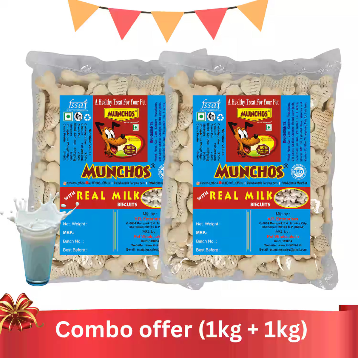 MUNCHOS Dog Adult Milk Biscuits, Combo Offer 2KG (1KG+1KG), High Protein Treats for All Breeds MUNCHOS