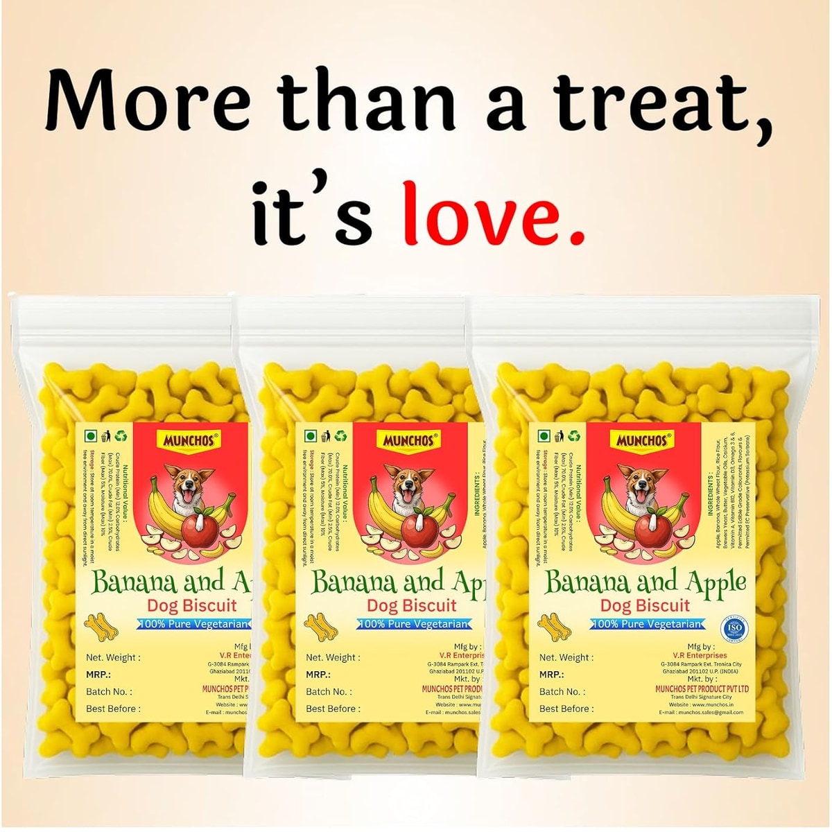 MUNCHOS Banana & Apple Dog Biscuits-1kg , 100% Vegetarian