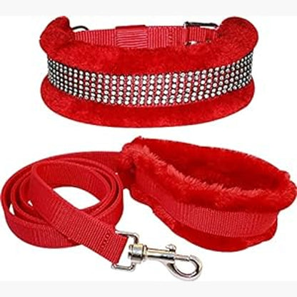 MUNCHOS Dog Fur Diamond Collar With Leash Set 1inch, Medium