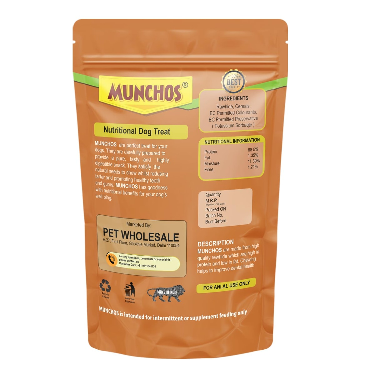 MUNCHOS Nutritional Dog Sticks, Calcium and High Protein, (Free Massager) (450gm, Chicken)