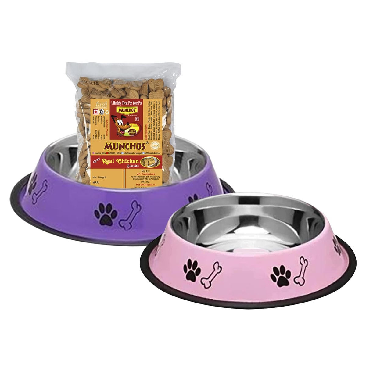 Munchos Stainless Steel Pet Bowl Combo with Biscuits
