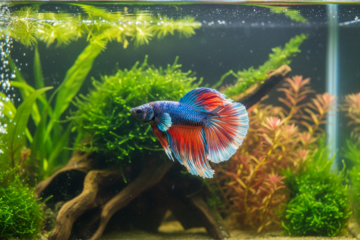 Stunning male betta fish with flowing fins